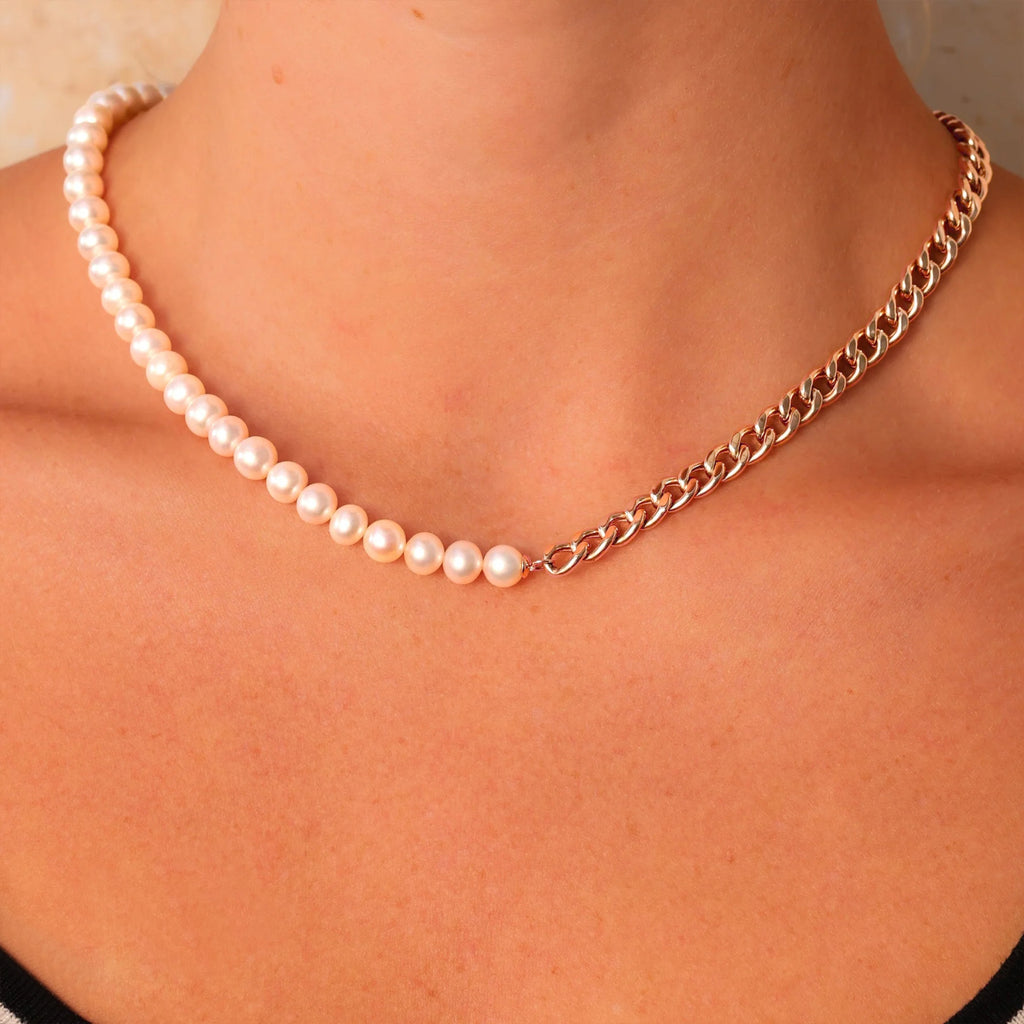 Cultured Pearl Link Collar Necklace 14K Rose Gold