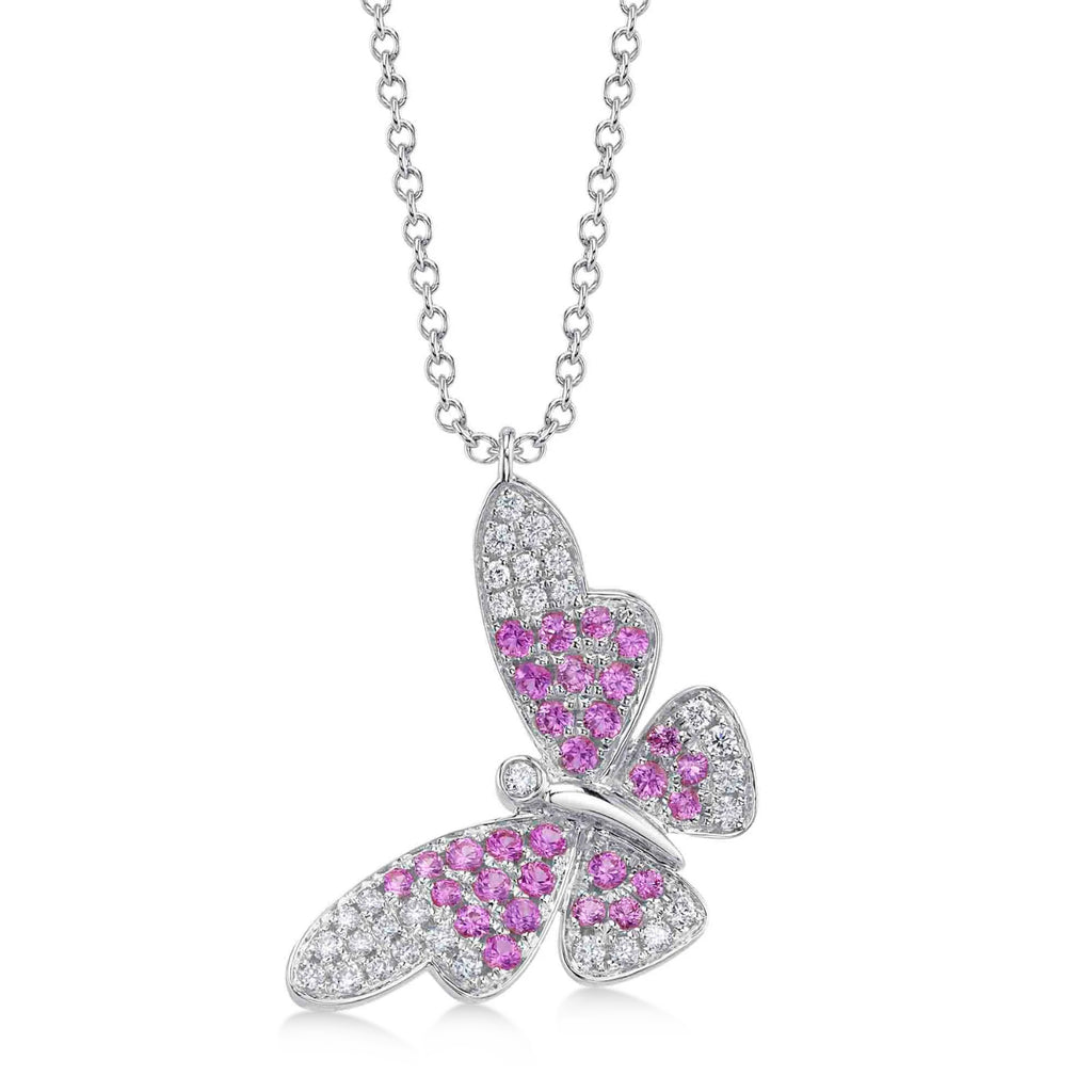 Pink Sapphire & Diamond Butterfly Pendant Necklace 14K White Gold (0.55ct)