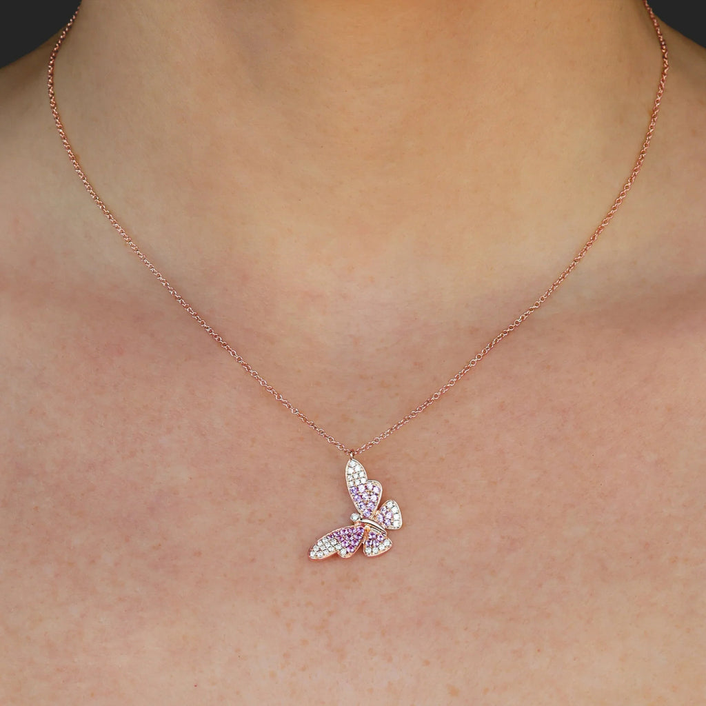 Pink Sapphire & Diamond Butterfly Pendant Necklace 14K Rose Gold (0.55ct)