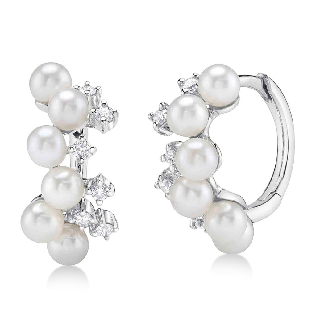 Cultured Pearl & Diamond Huggie Earrings 14K White Gold (0.17ct)
