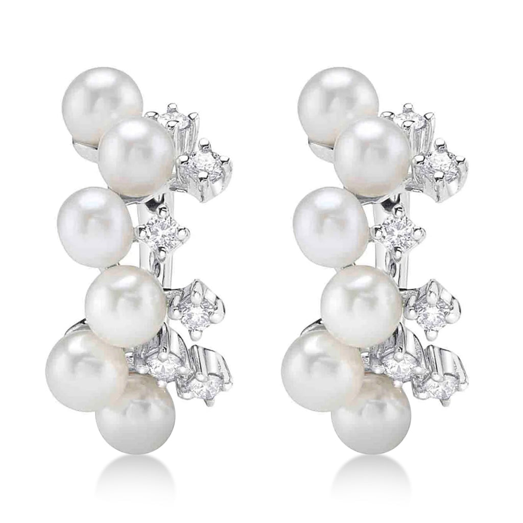Cultured Pearl & Diamond Huggie Earrings 14K White Gold (0.17ct)