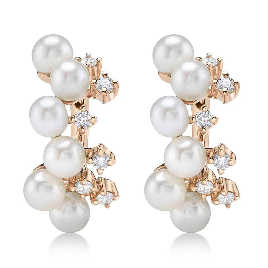 Cultured Pearl & Diamond Huggie Earrings 14K Rose Gold (0.17ct)