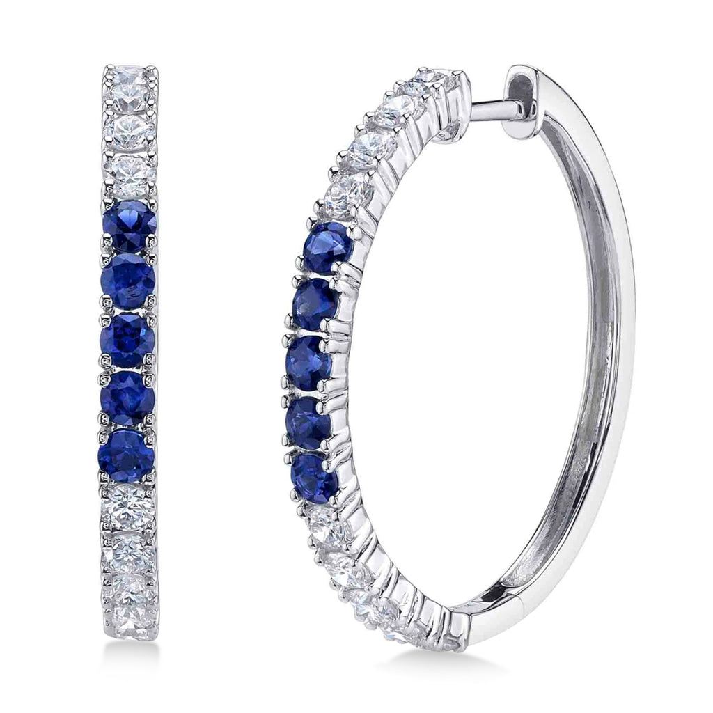 Lab Blue Sapphire & Diamond Hoop Earrings 14K White Gold (1.52ct)