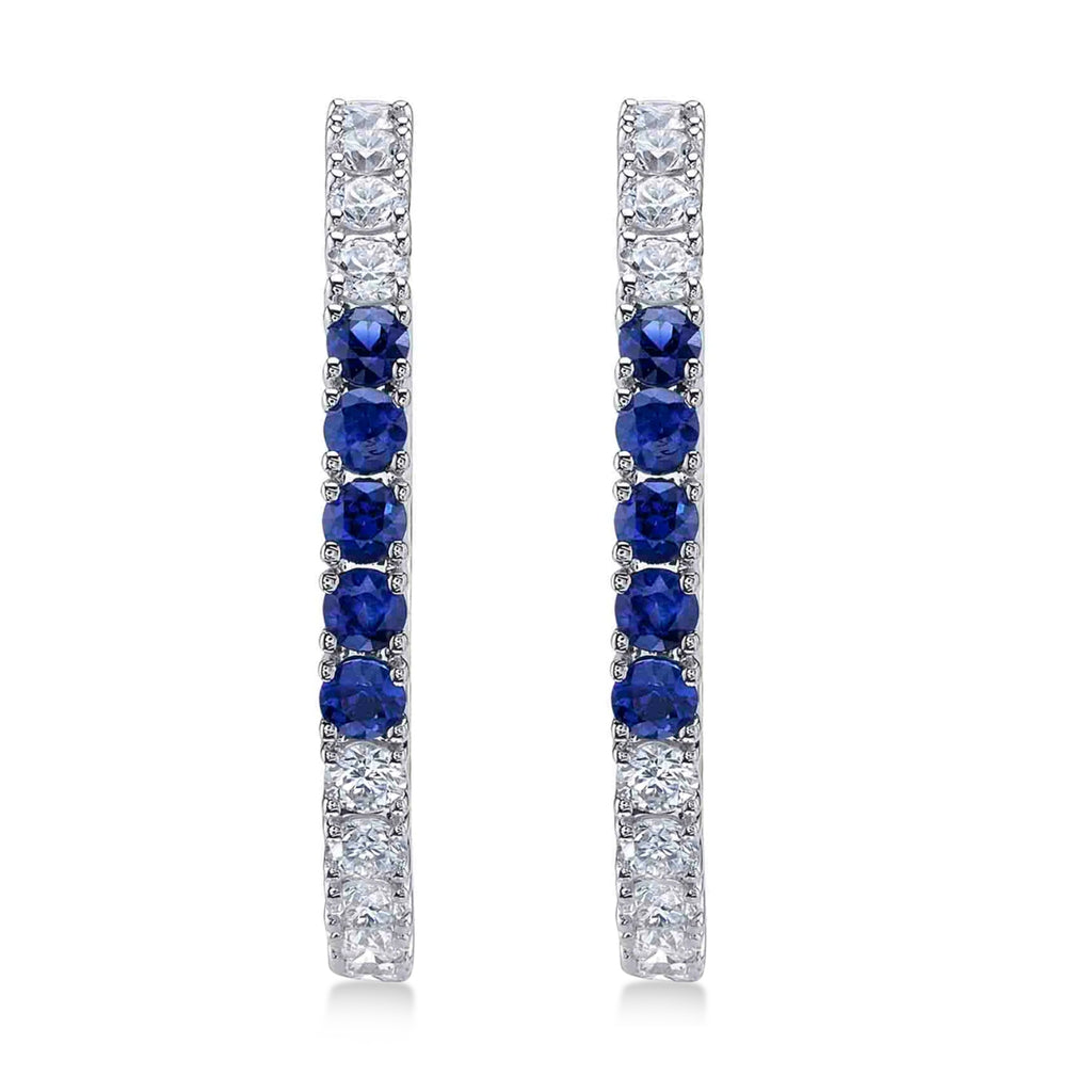 Lab Blue Sapphire & Diamond Hoop Earrings 14K White Gold (1.52ct)