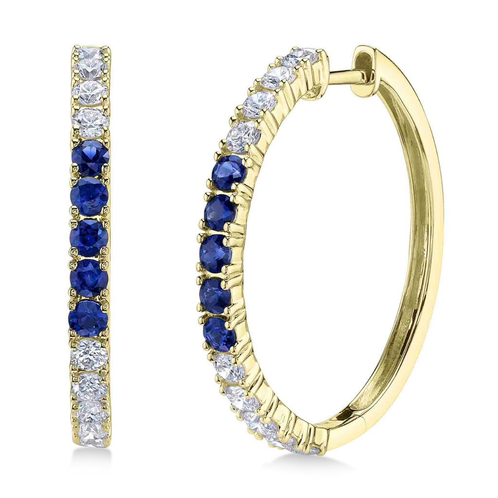 Lab Blue Sapphire & Diamond Hoop Earrings 14K Yellow Gold (1.52ct)