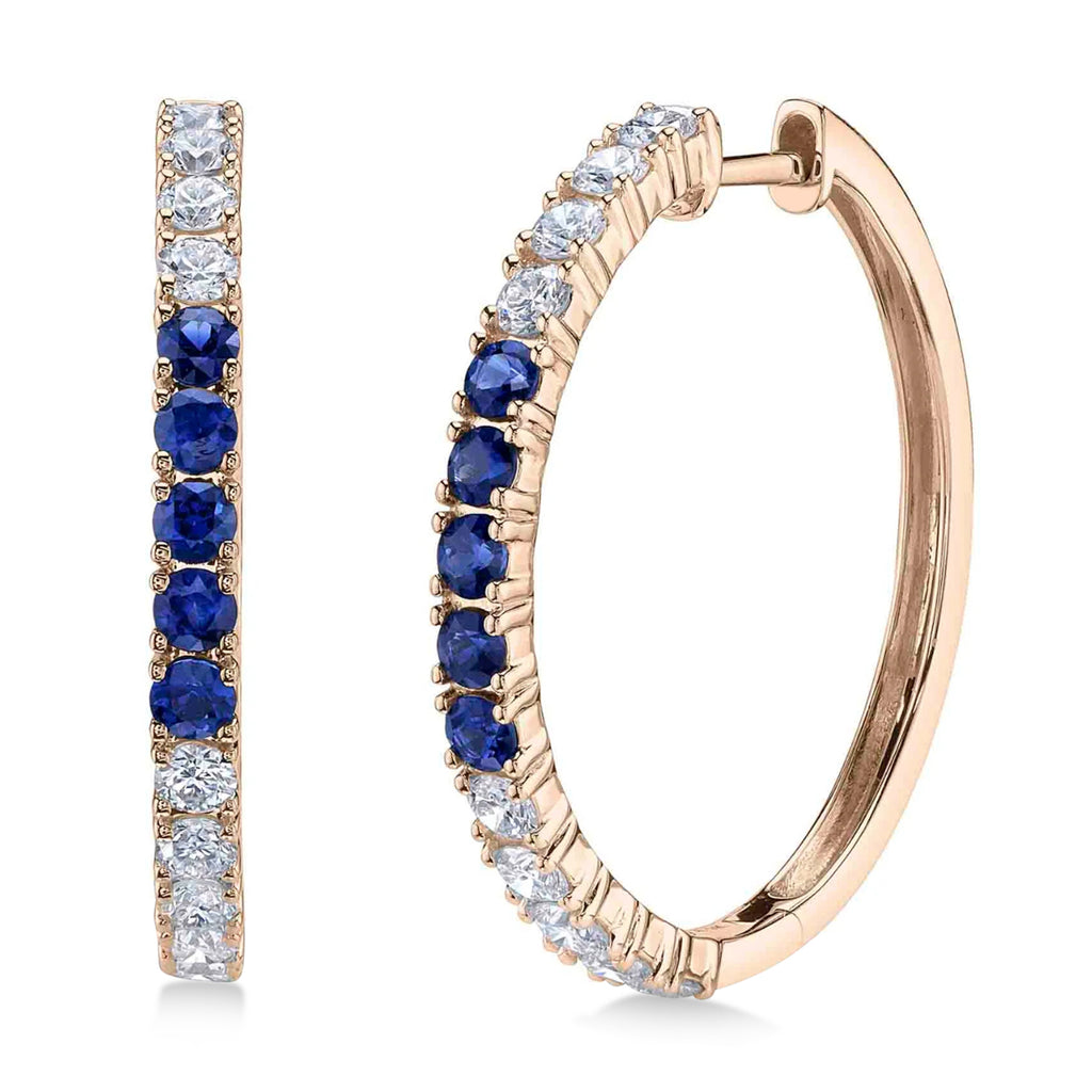 Lab Blue Sapphire & Diamond Hoop Earrings 14K Rose Gold (1.52ct)