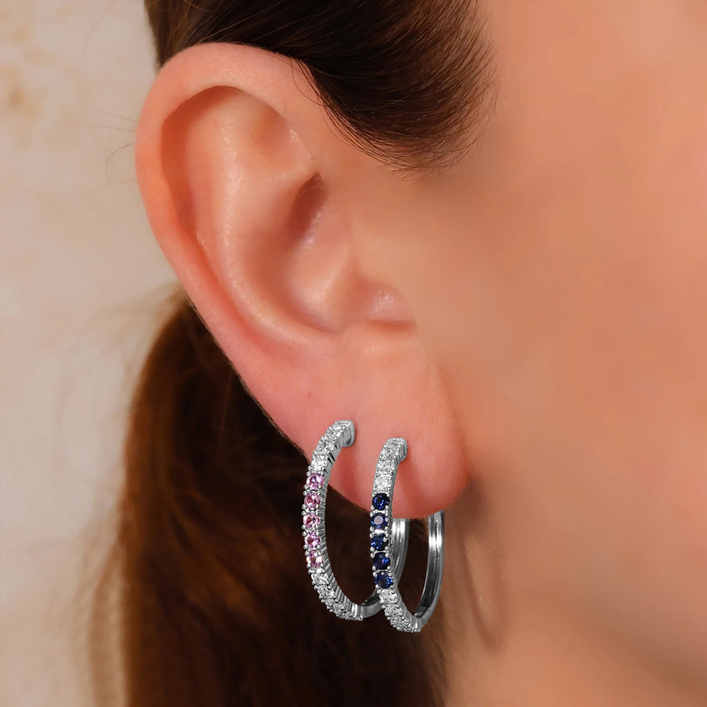 Lab Pink Sapphire & Diamond Hoop Earrings 14K White Gold (1.54ct)