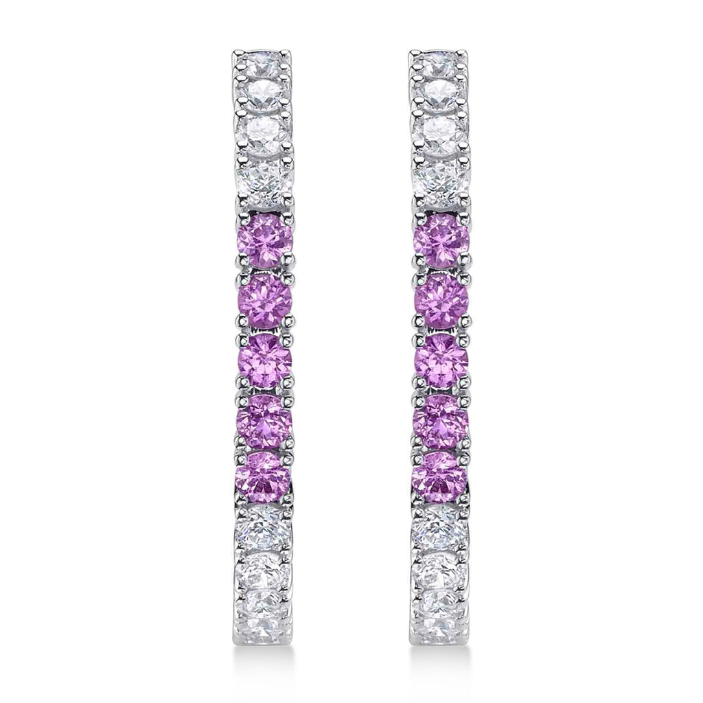 Lab Pink Sapphire & Diamond Hoop Earrings 14K White Gold (1.54ct)