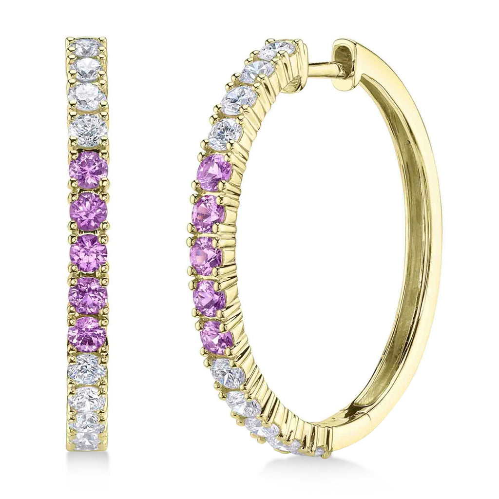 Lab Pink Sapphire & Diamond Hoop Earrings 14K Yellow Gold (1.54ct)