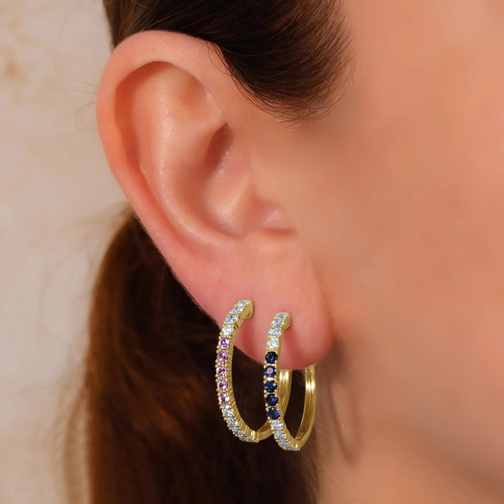 Lab Pink Sapphire & Diamond Hoop Earrings 14K Yellow Gold (1.54ct)