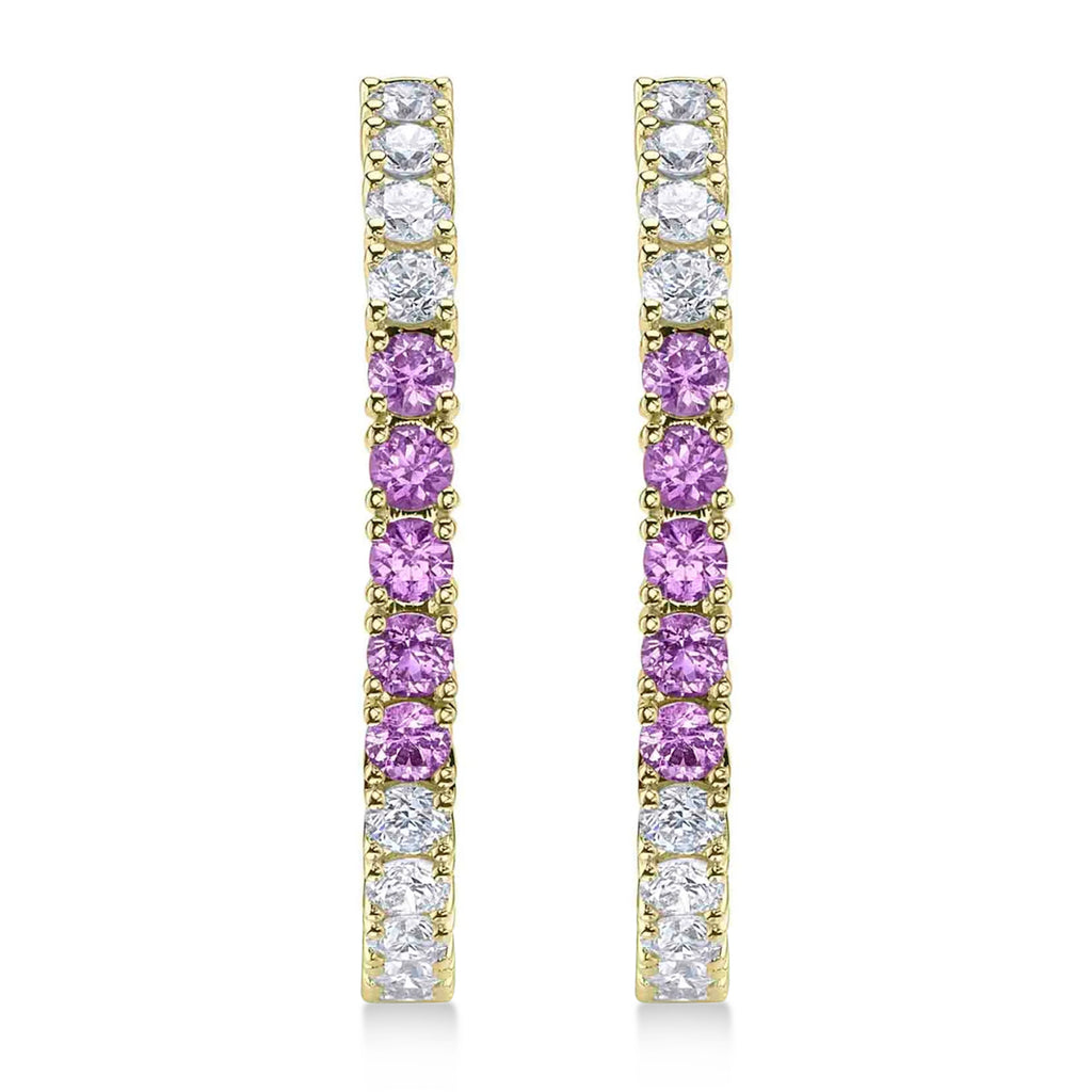 Lab Pink Sapphire & Diamond Hoop Earrings 14K Yellow Gold (1.54ct)
