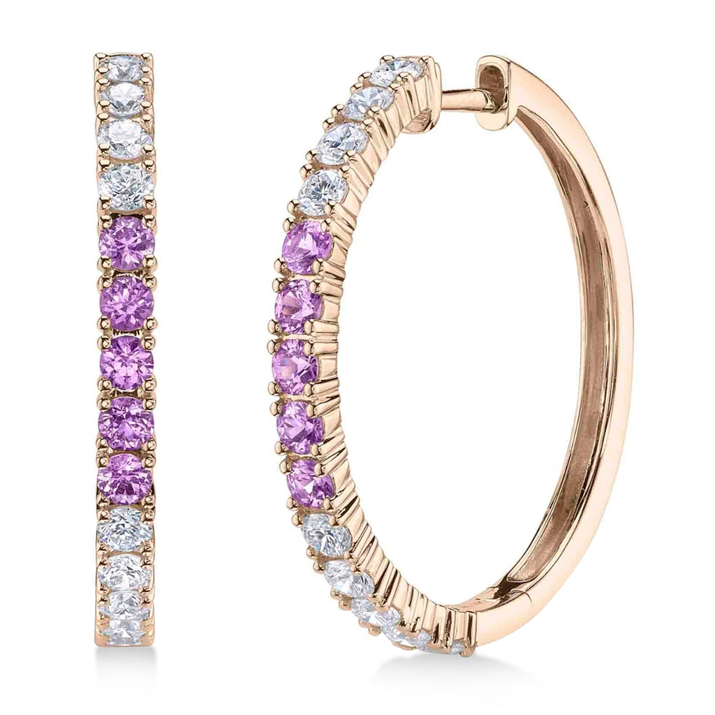 Lab Pink Sapphire & Diamond Hoop Earrings 14K Rose Gold (1.54ct)