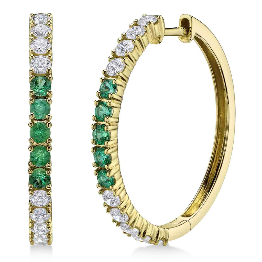 Emerald & Diamond Hoop Earrings 14K Yellow Gold (1.41ct)