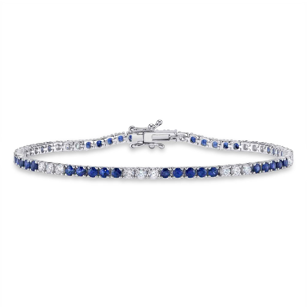 Lab Blue Sapphire & Diamond Tennis Bracelet 14K White Gold (3.72ct)