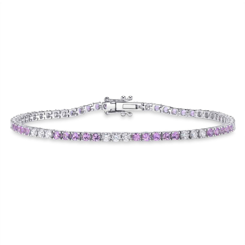Lab Pink Sapphire & Diamond Tennis Bracelet 14K White Gold (3.51ct)