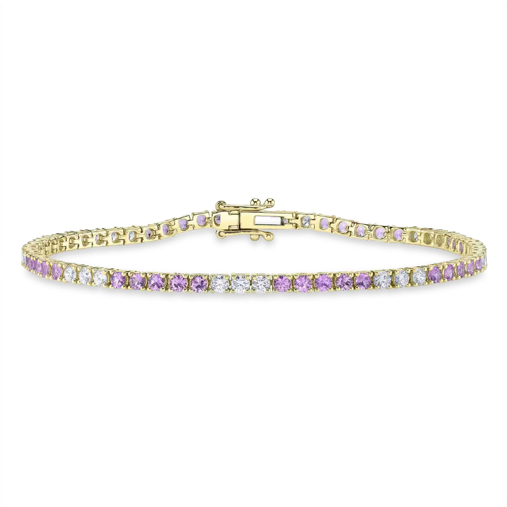Lab Pink Sapphire & Diamond Tennis Bracelet 14K Yellow Gold (3.51ct)