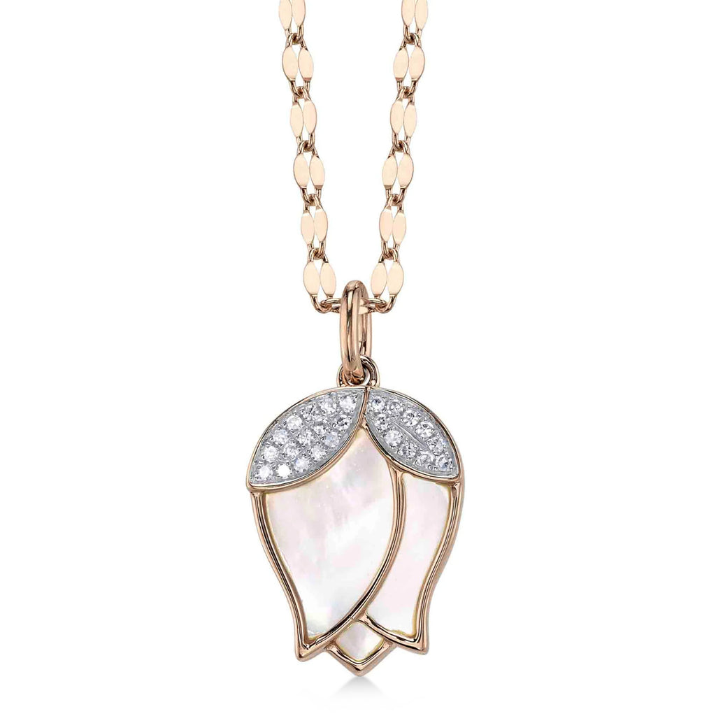 Mother of Pearl & Diamond Flower Pendant Necklace 14K Rose Gold (1.80ct)