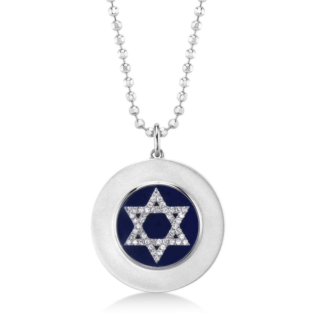 Lapis & Diamond Jewish Star of David Disc Pendant Necklace 14K White Gold (2.59ct)
