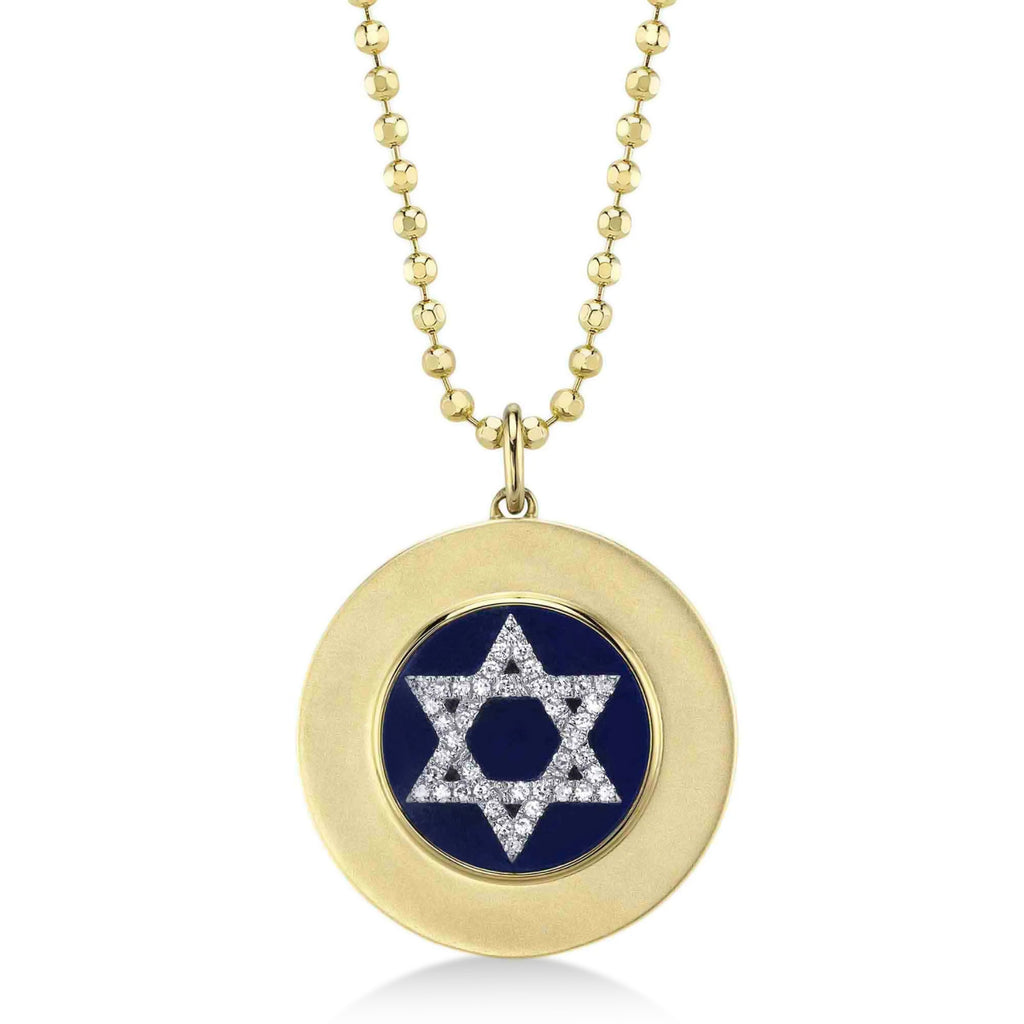 Lapis & Diamond Jewish Star of David Disc Pendant Necklace 14K Yellow Gold (2.59ct)
