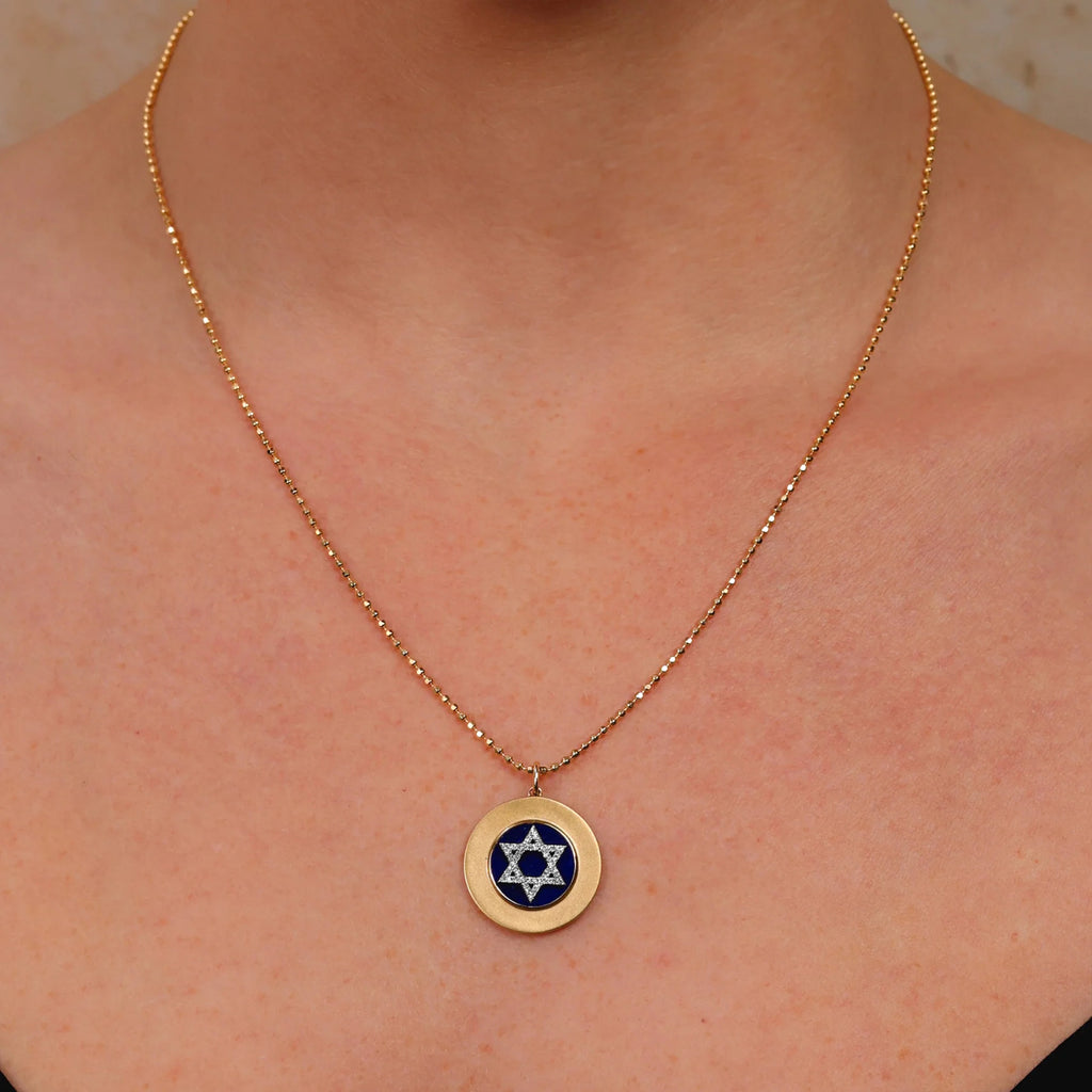 Lapis & Diamond Jewish Star of David Disc Pendant Necklace 14K Yellow Gold (2.59ct)