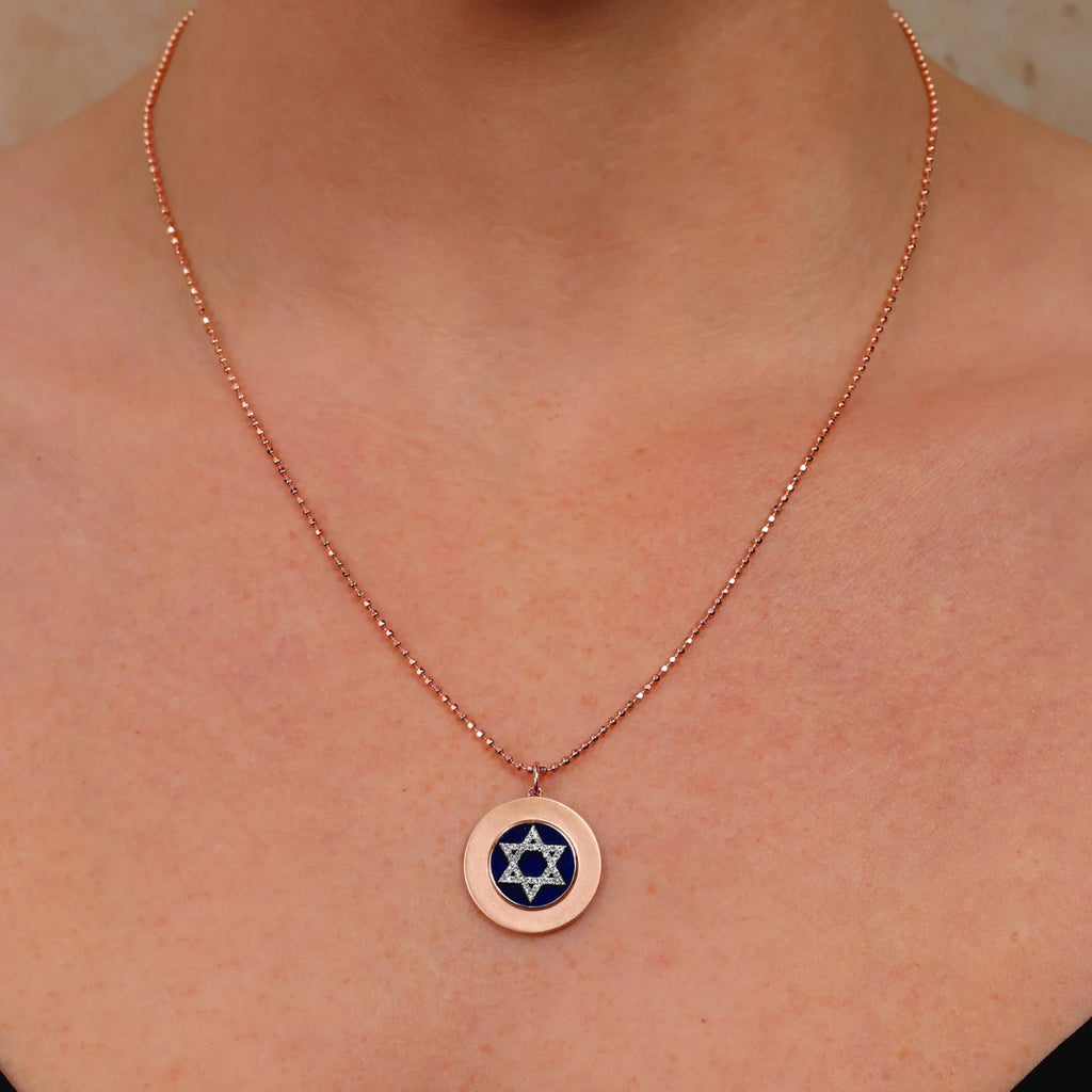 Lapis & Diamond Jewish Star of David Disc Pendant Necklace 14K Rose Gold (2.59ct)