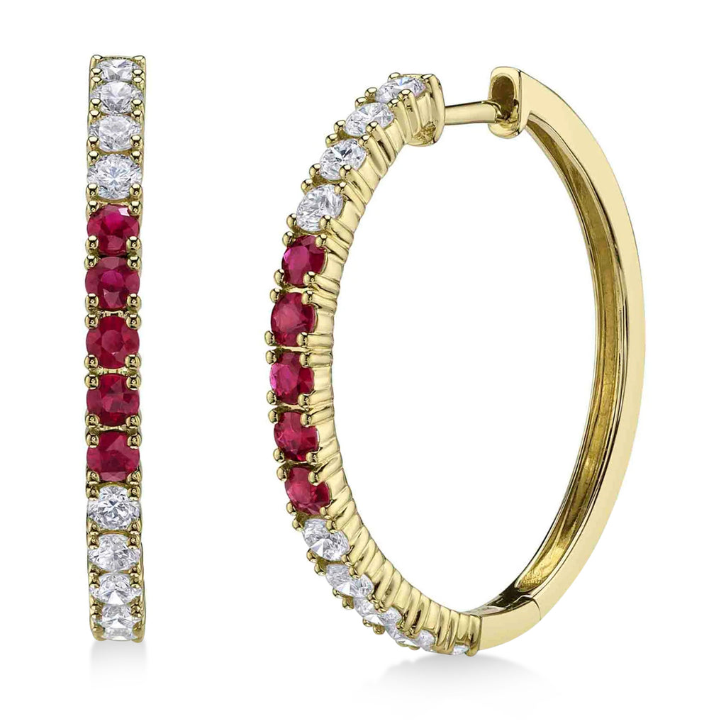 Ruby & Diamond Hoop Earrings 14K Yellow Gold (1.51ct)