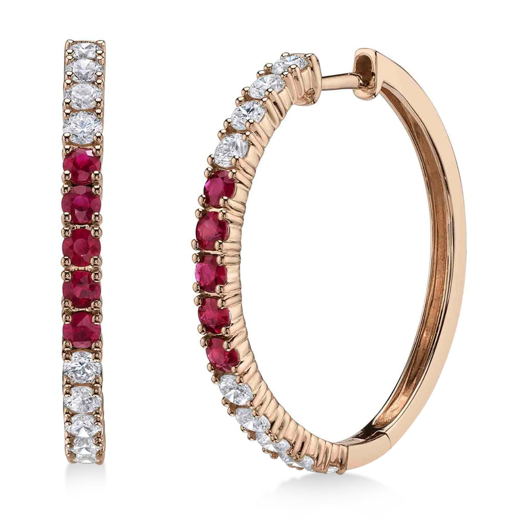 Lab Ruby & Diamond Hoop Earrings 14K Rose Gold (1.51ct)