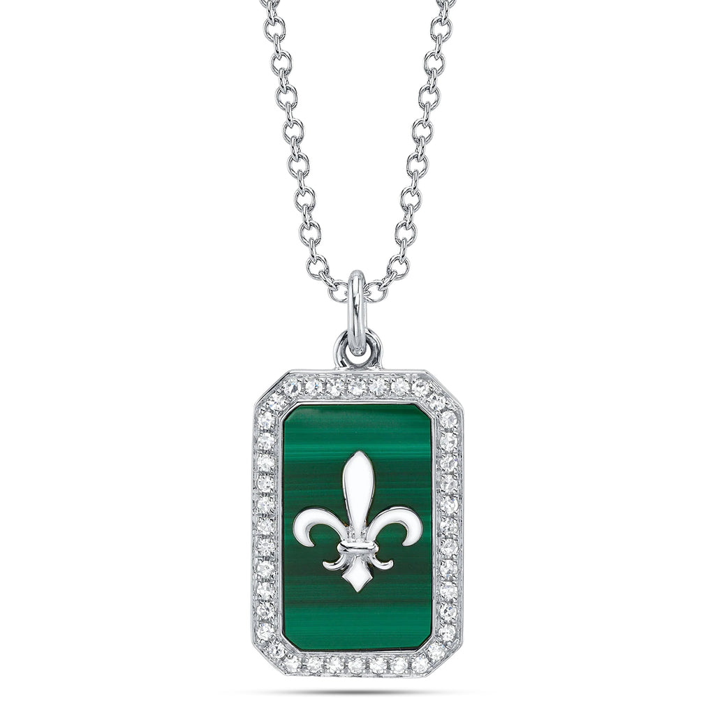 Malachite & Round Diamond Fleur De Lis Pendant Necklace 14K White Gold (2.06ct)