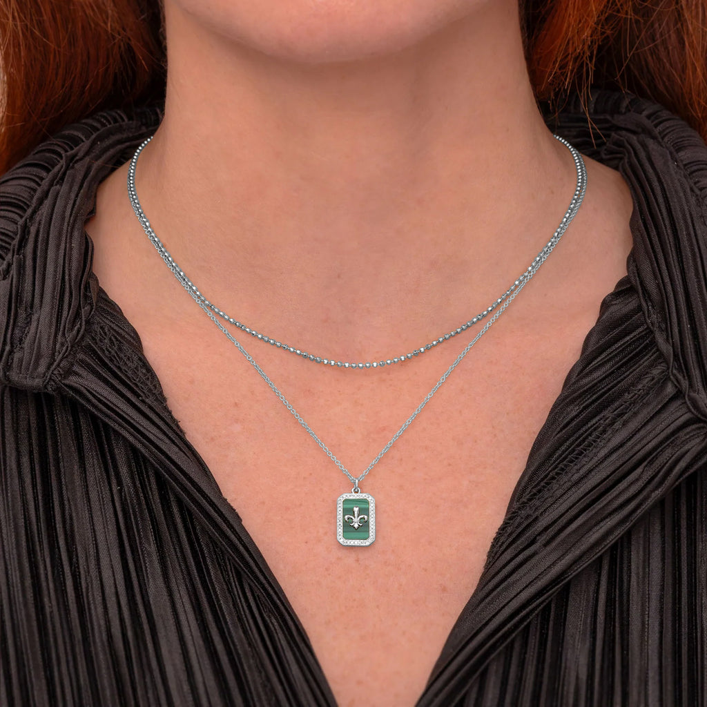 Malachite & Round Diamond Fleur De Lis Pendant Necklace 14K White Gold (2.06ct)