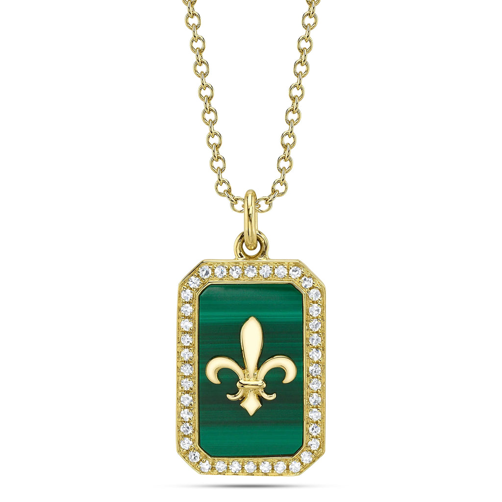 Malachite & Round Diamond Fleur De Lis Pendant Necklace 14K Yellow Gold (2.06ct)