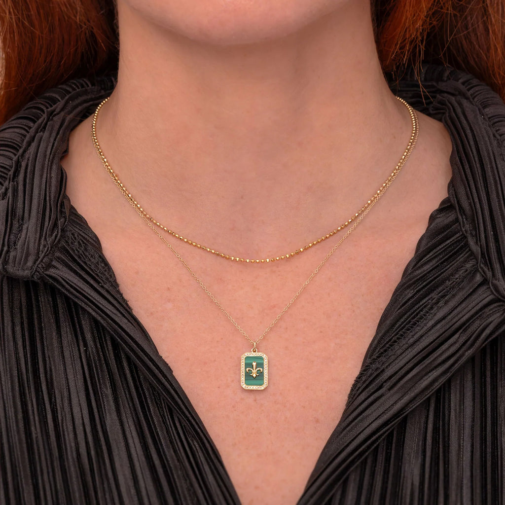 Malachite & Round Diamond Fleur De Lis Pendant Necklace 14K Yellow Gold (2.06ct)