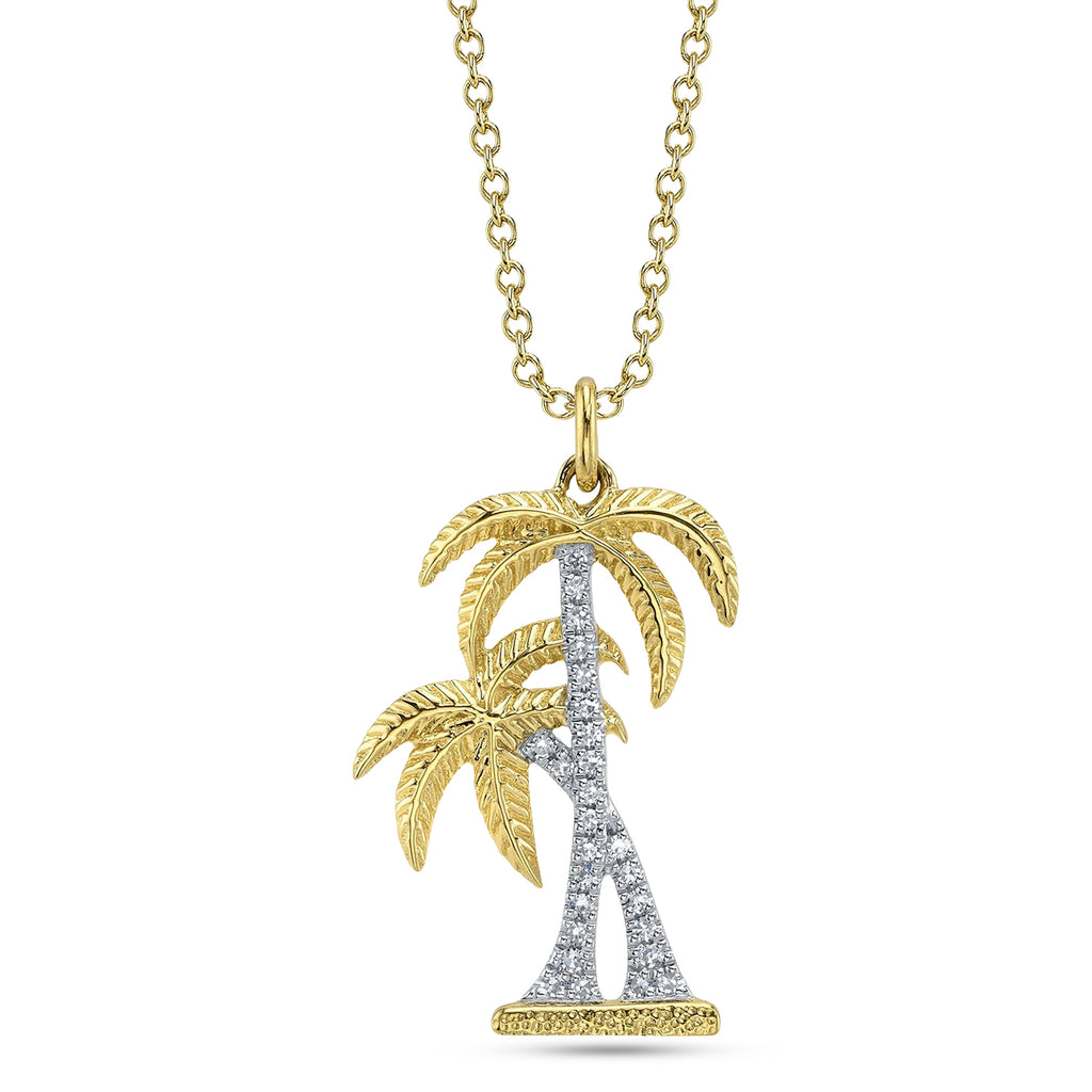 Round Diamond Palm Tree Pendant Necklace 14K Two Tone Yellow Gold (0.07ct)