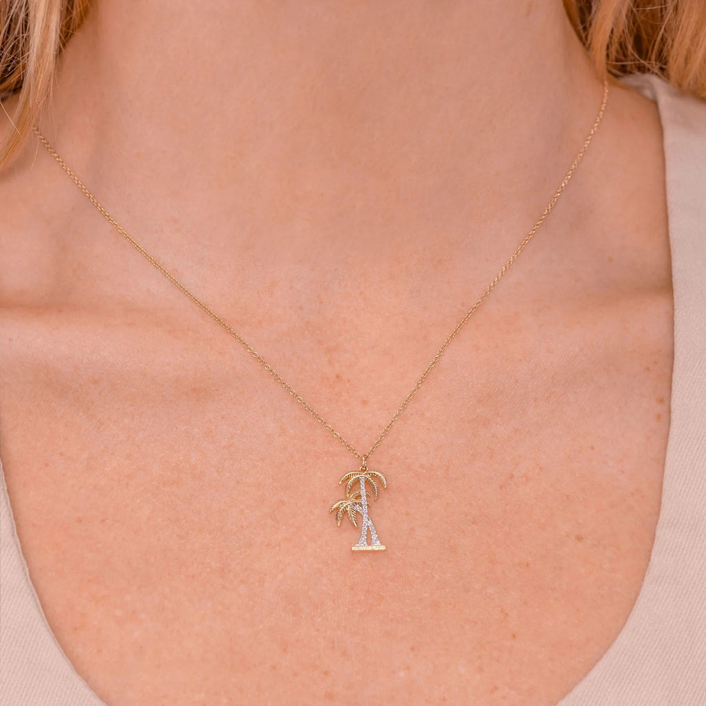 Round Diamond Palm Tree Pendant Necklace 14K Two Tone Yellow Gold (0.07ct)