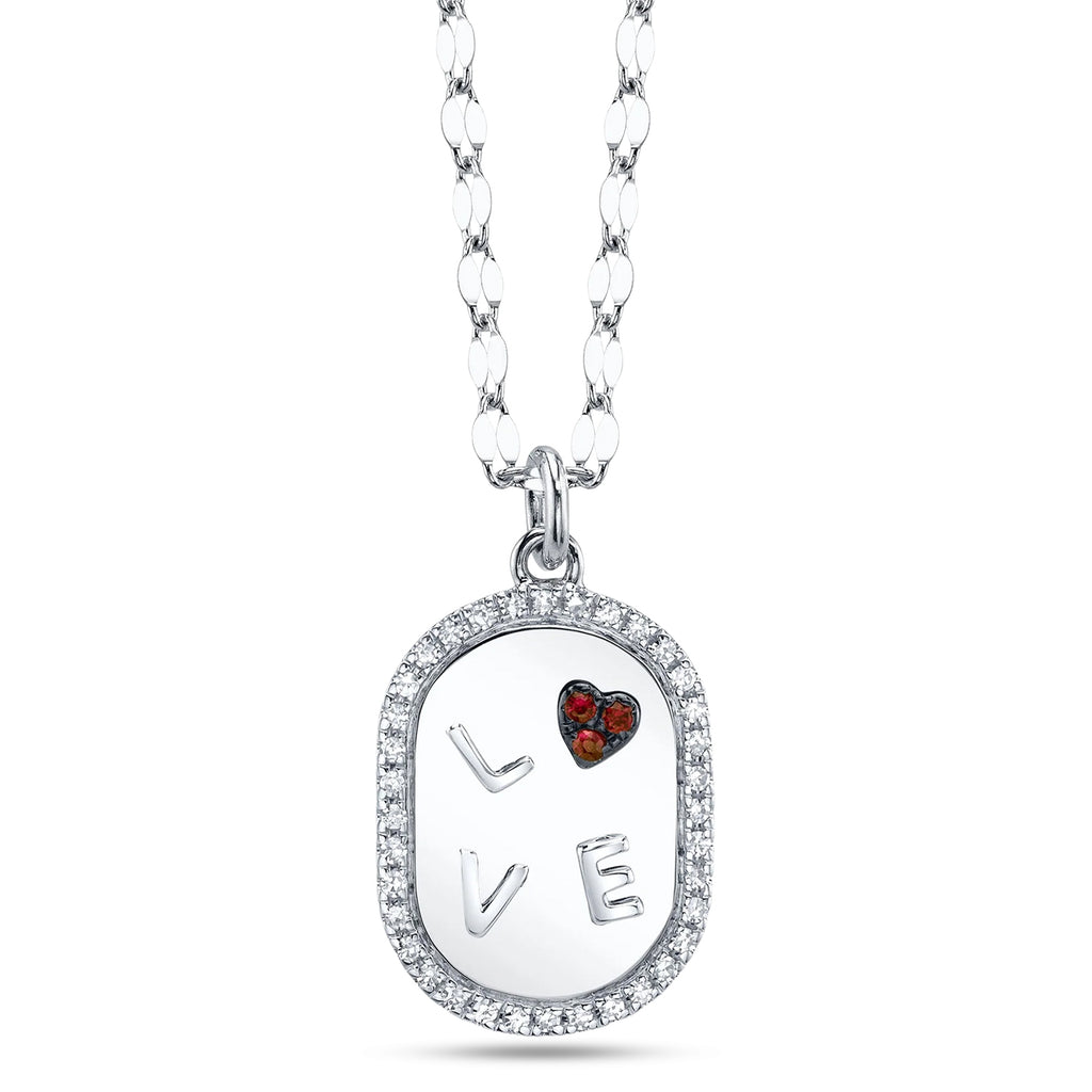 Heart Ruby & Round Diamond Oval Halo LOVE Pendant Necklace 14K White Gold (0.12ct)