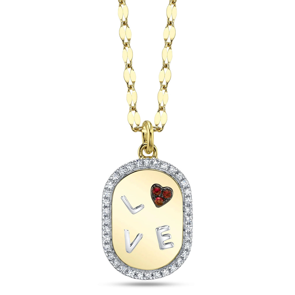 Heart Ruby & Round Diamond Oval Halo LOVE Pendant Necklace 14K Two Tone Yellow Gold (0.12ct)