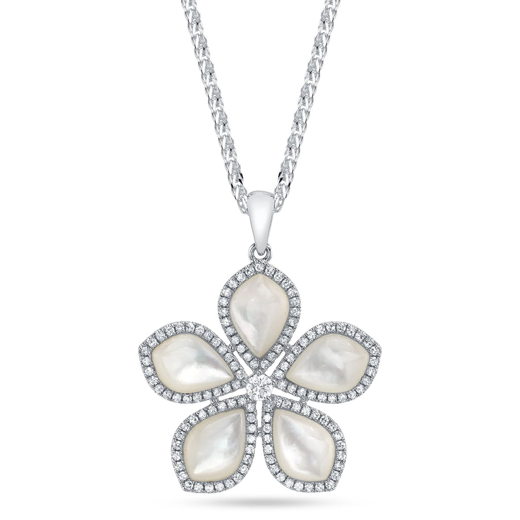 Mother of Pearl & Diamond Flower Pendant Necklace 14K White Gold (5.42ct)