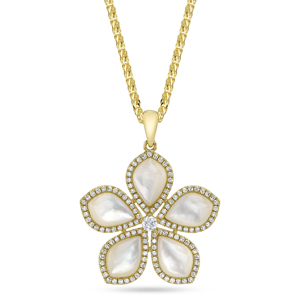 Mother of Pearl & Diamond Flower Pendant Necklace 14K Yellow Gold (5.42ct)