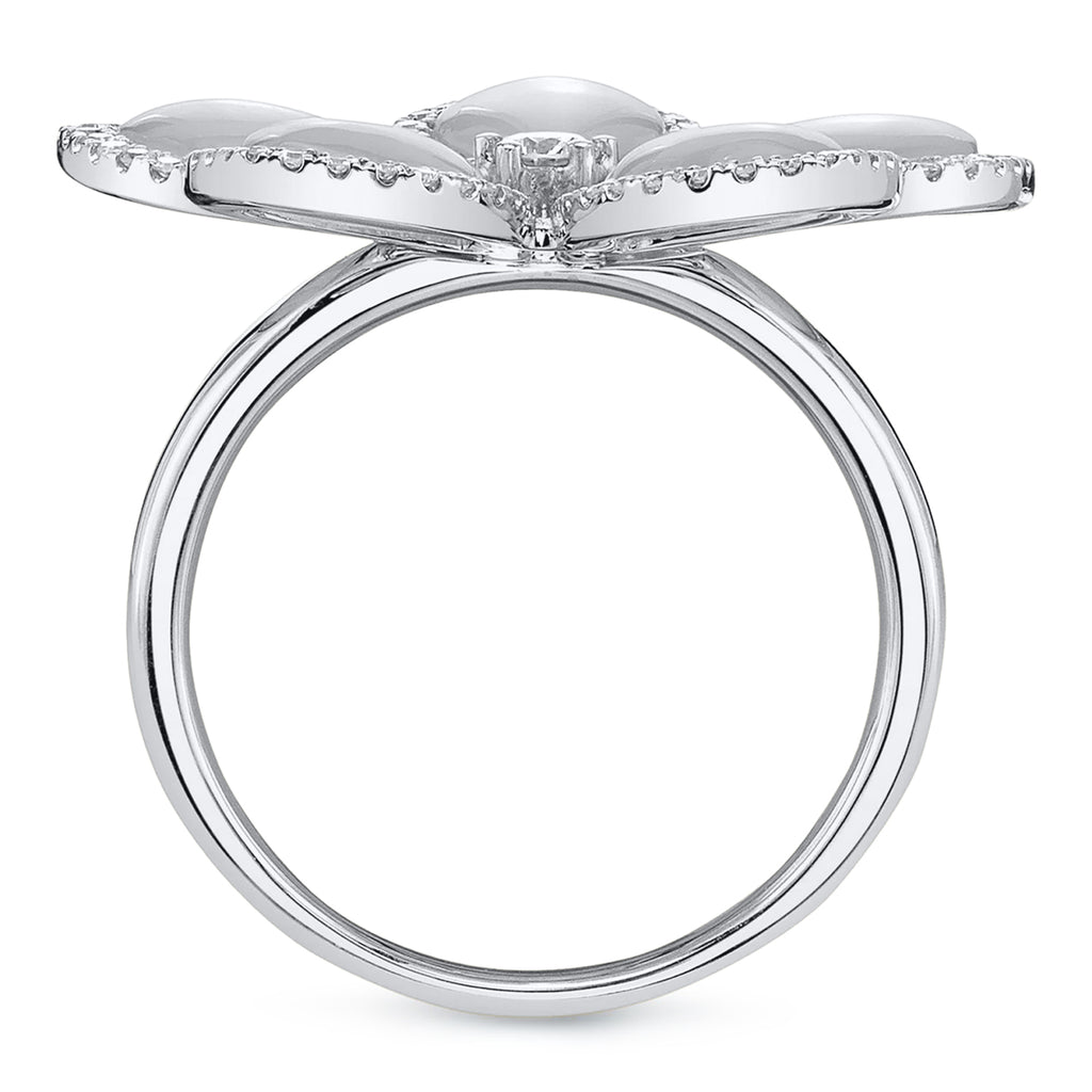 Flower Mother of Pearl & Round Diamond Cocktail Ring 14K White Gold (5.42ct)