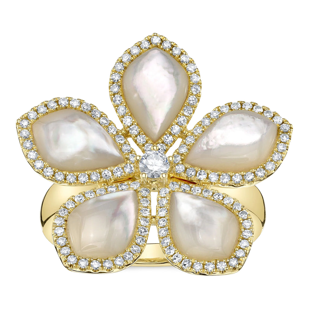 Flower Mother of Pearl & Round Diamond Cocktail Ring 14K Yellow Gold (5.42ct)