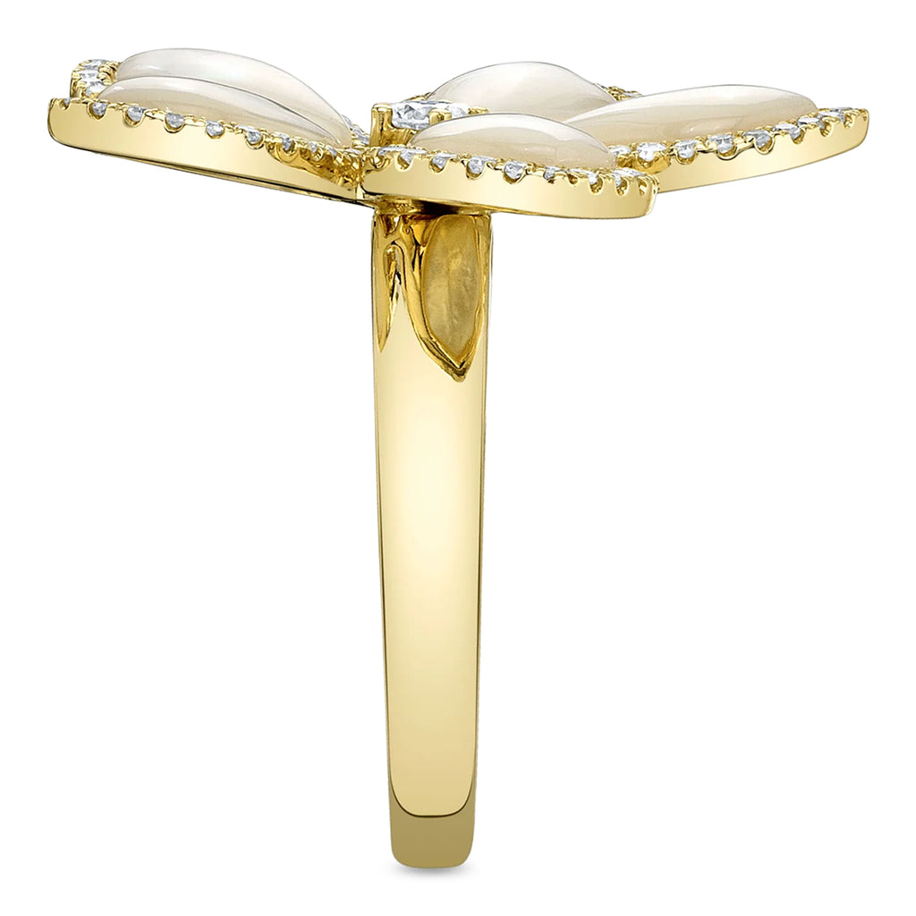 Flower Mother of Pearl & Round Diamond Cocktail Ring 14K Yellow Gold (5.42ct)