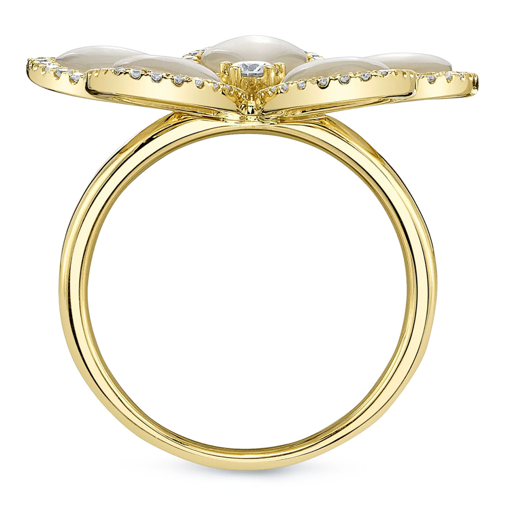 Flower Mother of Pearl & Round Diamond Cocktail Ring 14K Yellow Gold (5.42ct)
