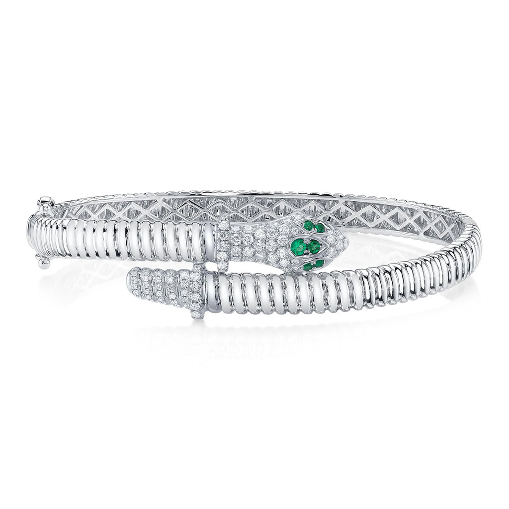 Round Emerald & Diamond Ribbed Snake Bangle Bracelet 14K White Gold (0.86ct)