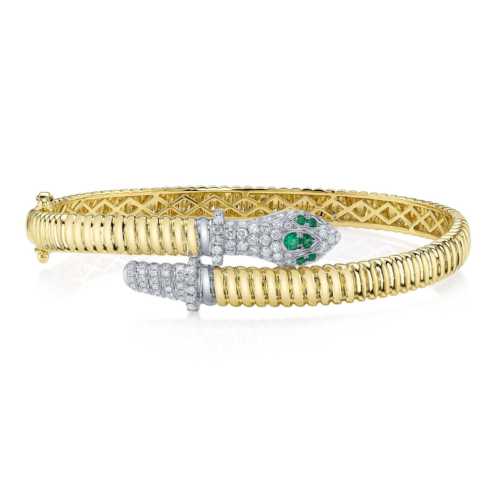 Round Emerald & Diamond Ribbed Snake Bangle Bracelet 14K Two Tone Yellow Gold (0.86ct)