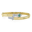 Round Emerald & Diamond Ribbed Snake Bangle Bracelet 14K Two Tone Yellow Gold (0.86ct)