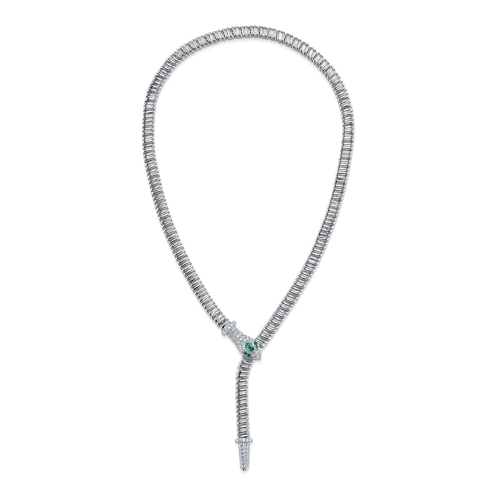 Round Emerald & Diamond Ribbed Snake Necklace 14K White Gold (1.10ct)