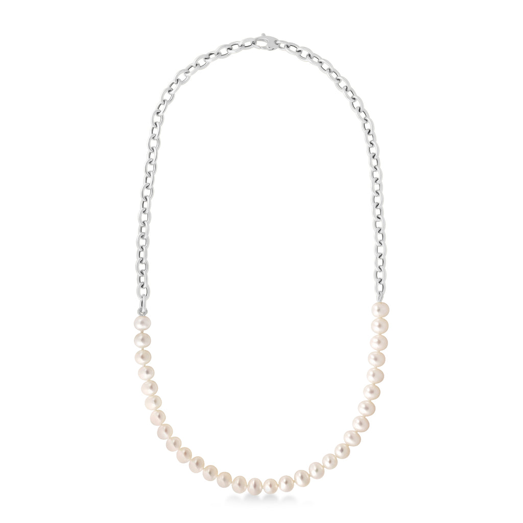 White Cultured Pearl String Rolo Link Necklace 14k White Gold
