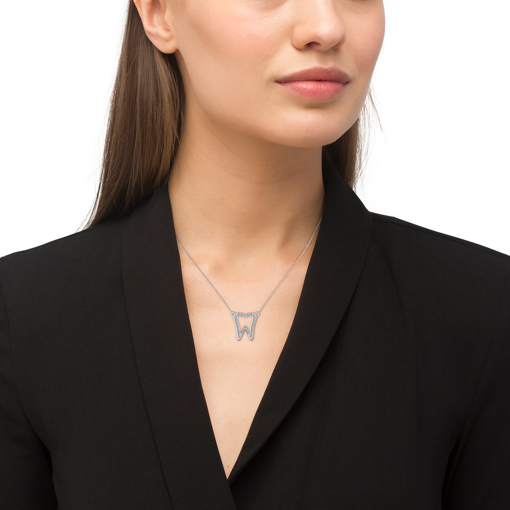 Diamond Tooth Outline Pendant Necklace 14k White Gold (0.26ct)