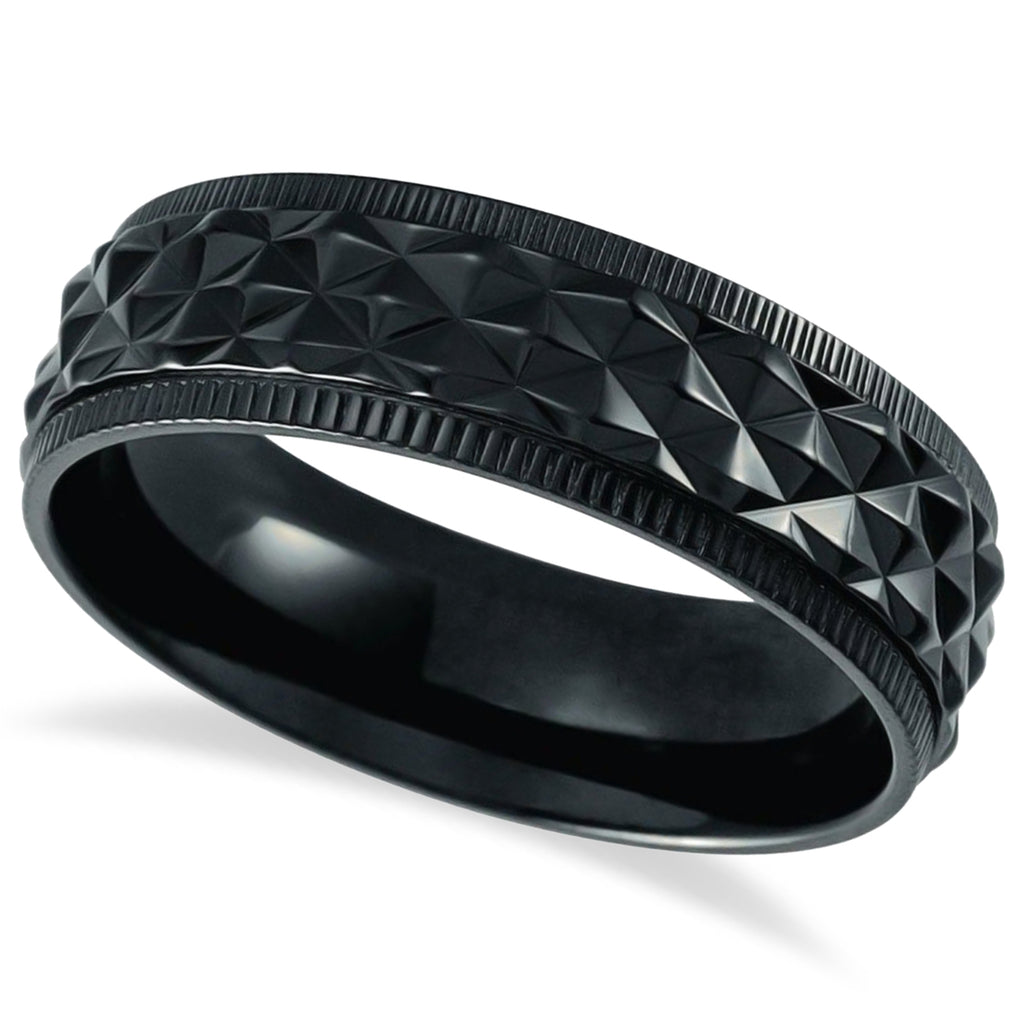 Patterned Coin Edge Wedding Ring Band Black Titanium (7mm)
