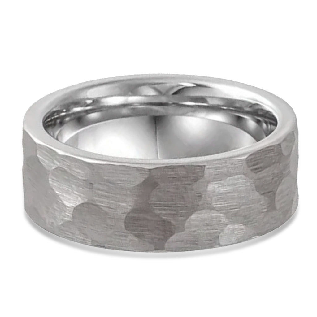 Hammered Finish Wedding Ring Band 18K White Gold PVD Tungsten (8mm)