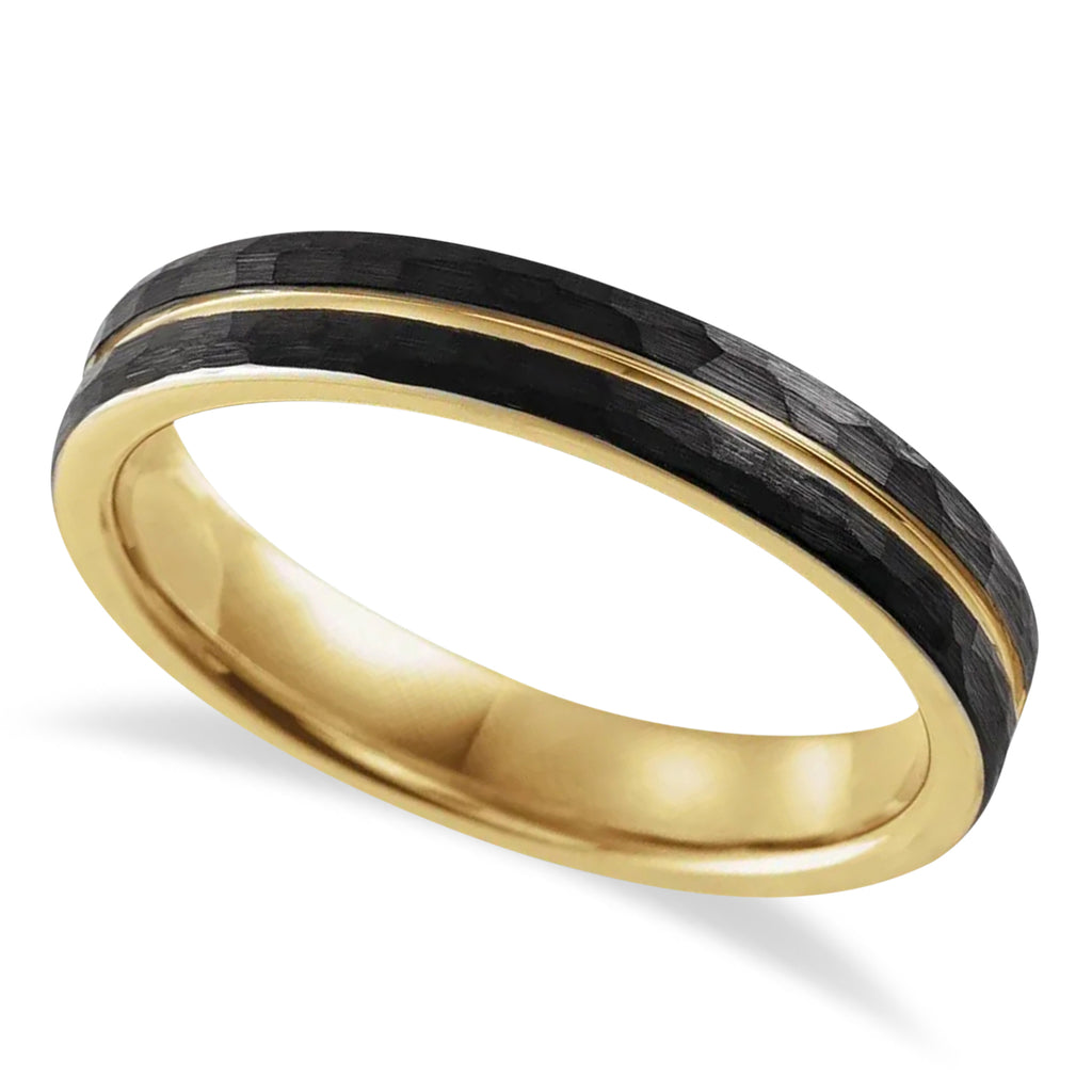 Tungsten Hammered Wedding Band Black PVD & 18K Yellow Gold PVD (4mm)